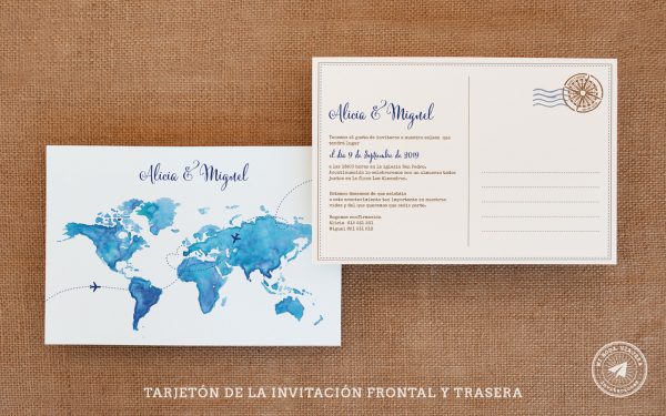 invitaciones de boda viajeras tarjeton, invitaciones viajeras, invitaciones de boda mapamundi acuarela