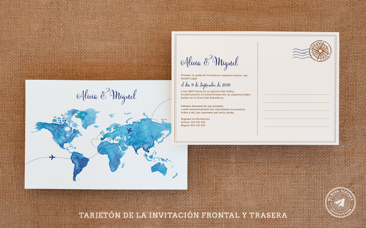 Invitaciones de boda postal mapamundi en acuarela (INT-004) • Mi boda  viajera